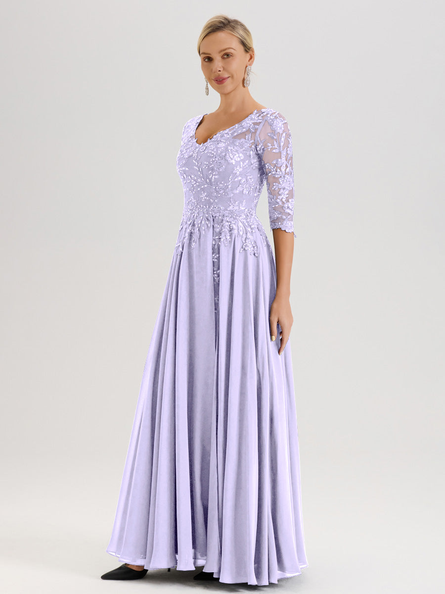 Cicinia Robe Mère De La Mariée Lilas Longueur Au Sol En Chiffon Et Dentelle Décolleté En V À Manches Trois-Quarts