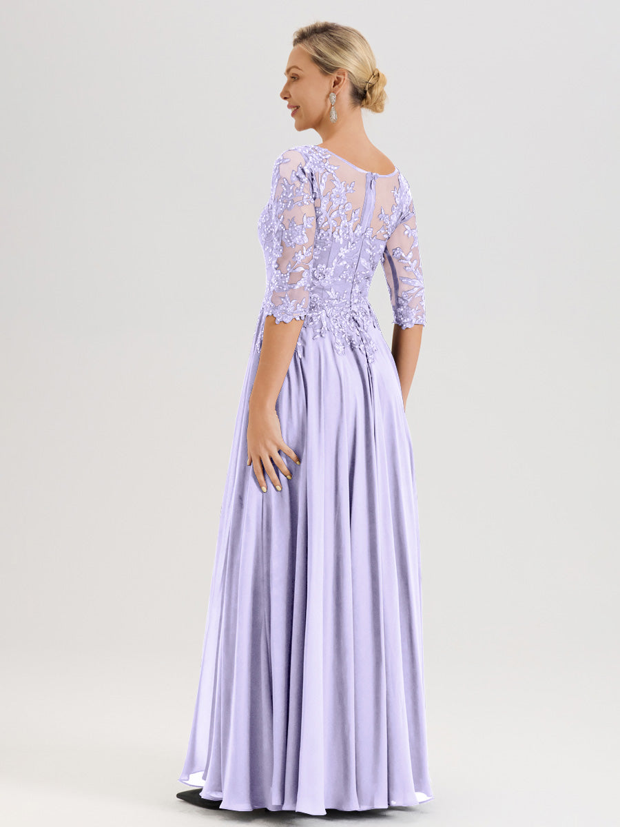 Cicinia Robe Mère De La Mariée Lilas Longueur Au Sol En Chiffon Et Dentelle Décolleté En V À Manches Trois-Quarts