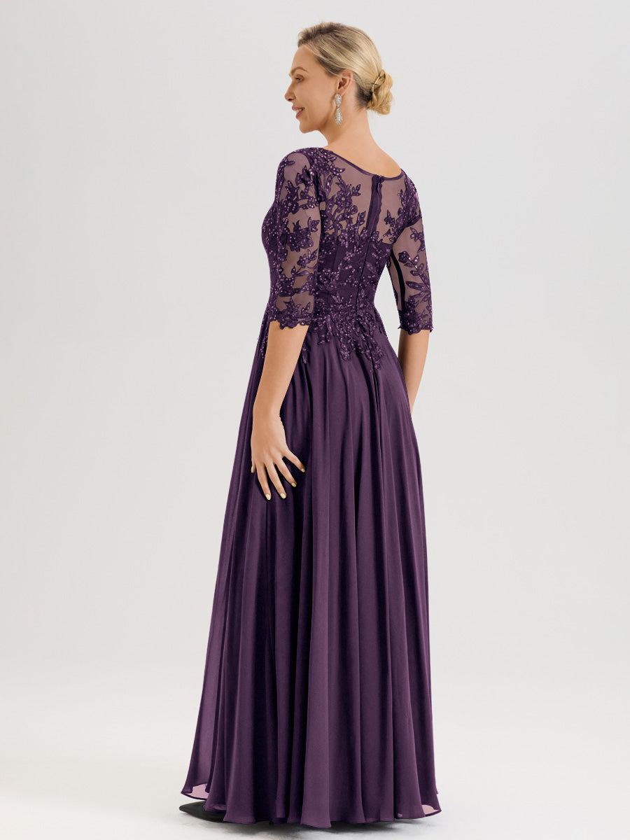Cicinia Robe Mère De La Mariée En Plum Longueur Au Sol En Chiffon Et Dentelle Décolleté En V À Manches Trois-Quarts