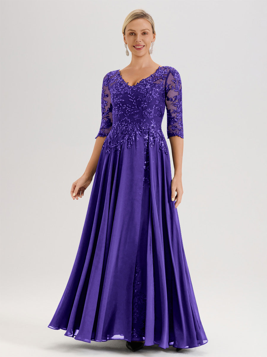Cicinia Robe Mère De La Mariée En Régence Longueur Au Sol En Chiffon Et Dentelle Décolleté En V À Manches Trois-Quarts