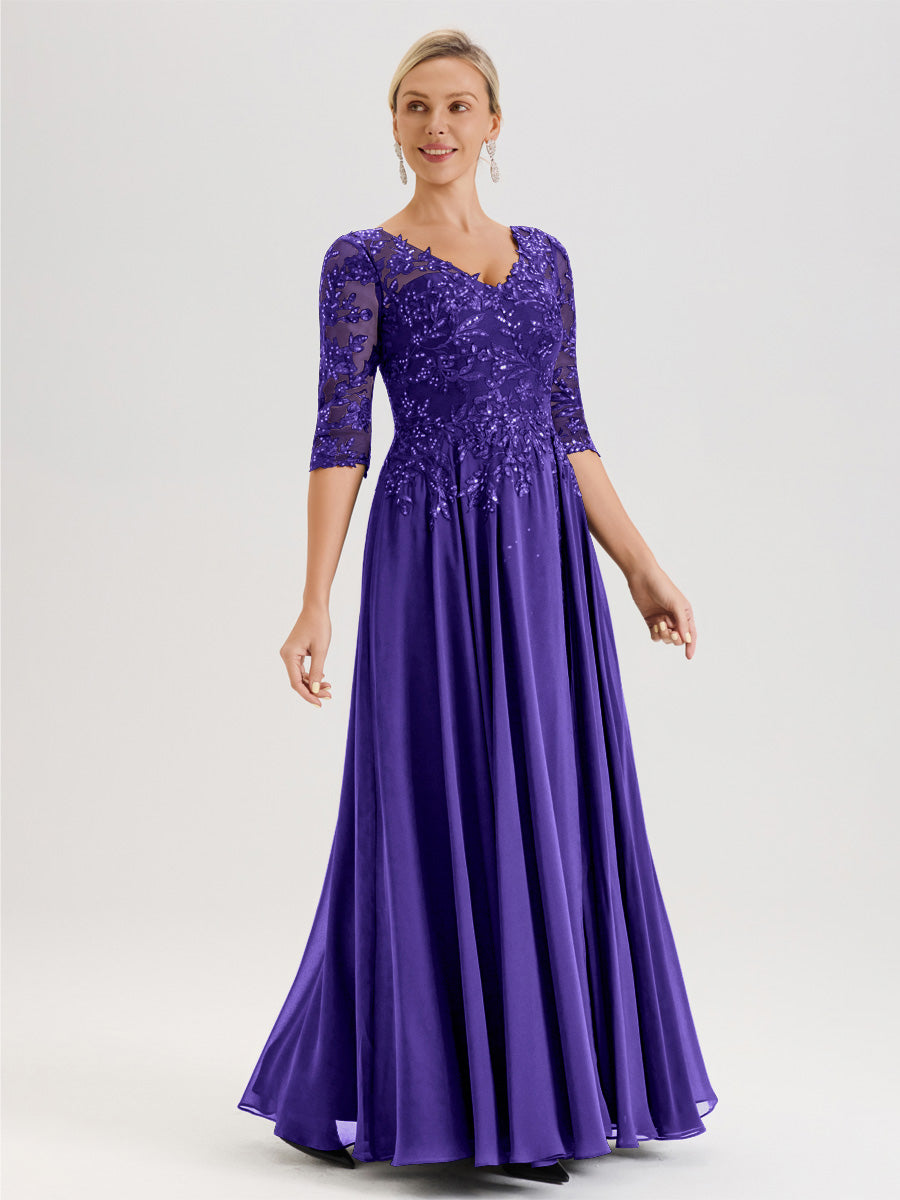 Cicinia Robe Mère De La Mariée En Régence Longueur Au Sol En Chiffon Et Dentelle Décolleté En V À Manches Trois-Quarts