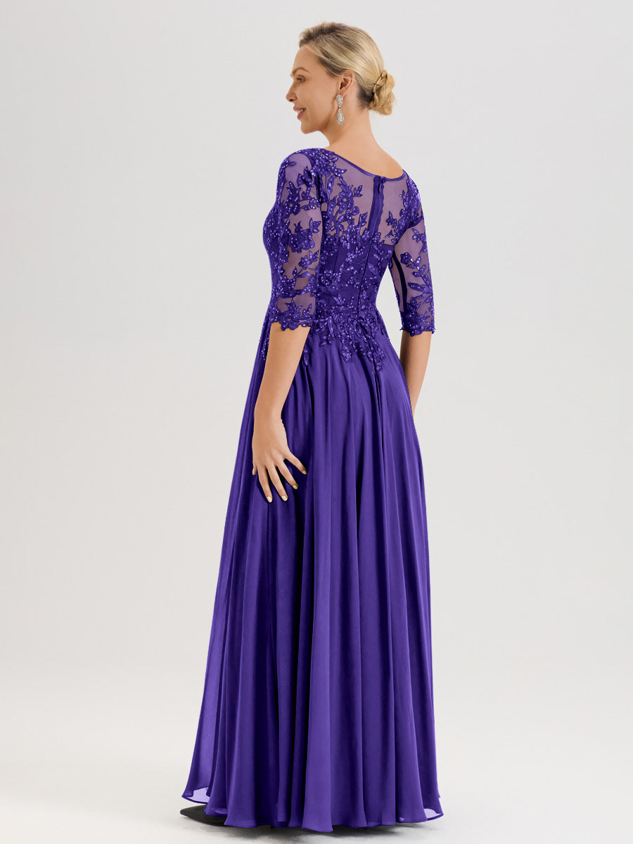 Cicinia Robe Mère De La Mariée En Régence Longueur Au Sol En Chiffon Et Dentelle Décolleté En V À Manches Trois-Quarts