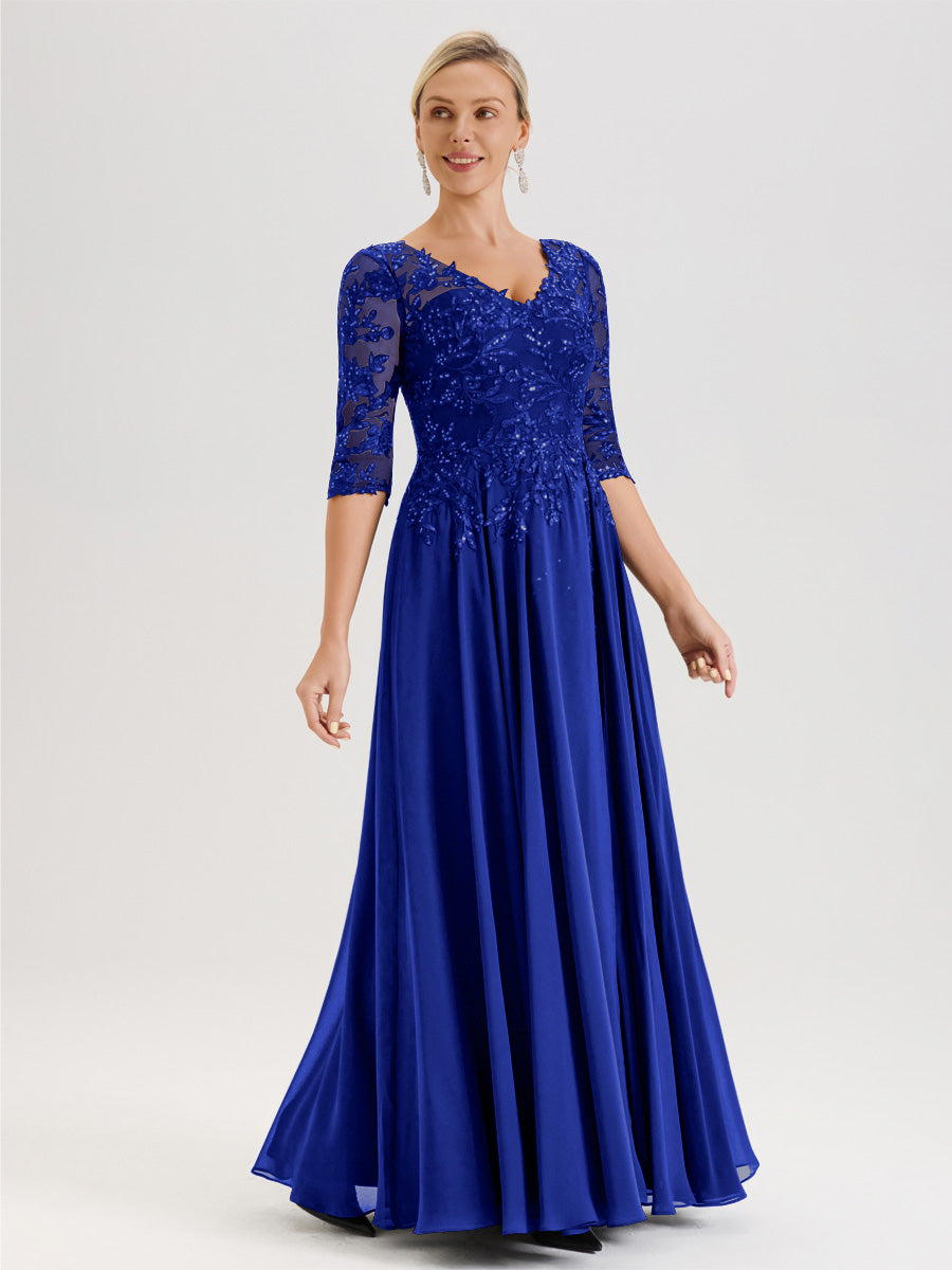 Cicinia Robe Mère De La Mariée Bleu Royal Longueur Au Sol En Chiffon Et Dentelle Décolleté En V À Manches Trois-Quarts
