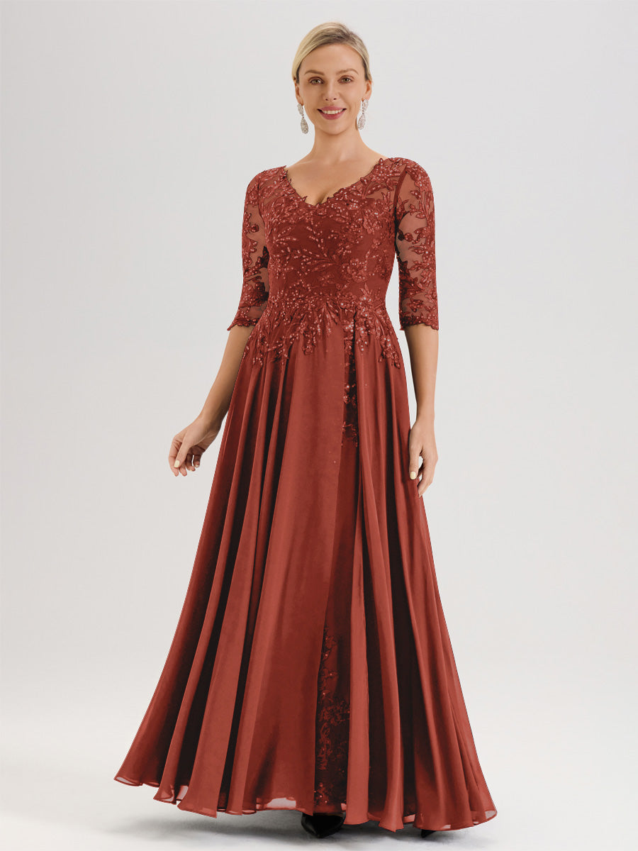 Cicinia Robe Mère De La Mariée Couleur Rouille Longueur Au Sol En Chiffon Et Dentelle Décolleté En V À Manches Trois-Quarts