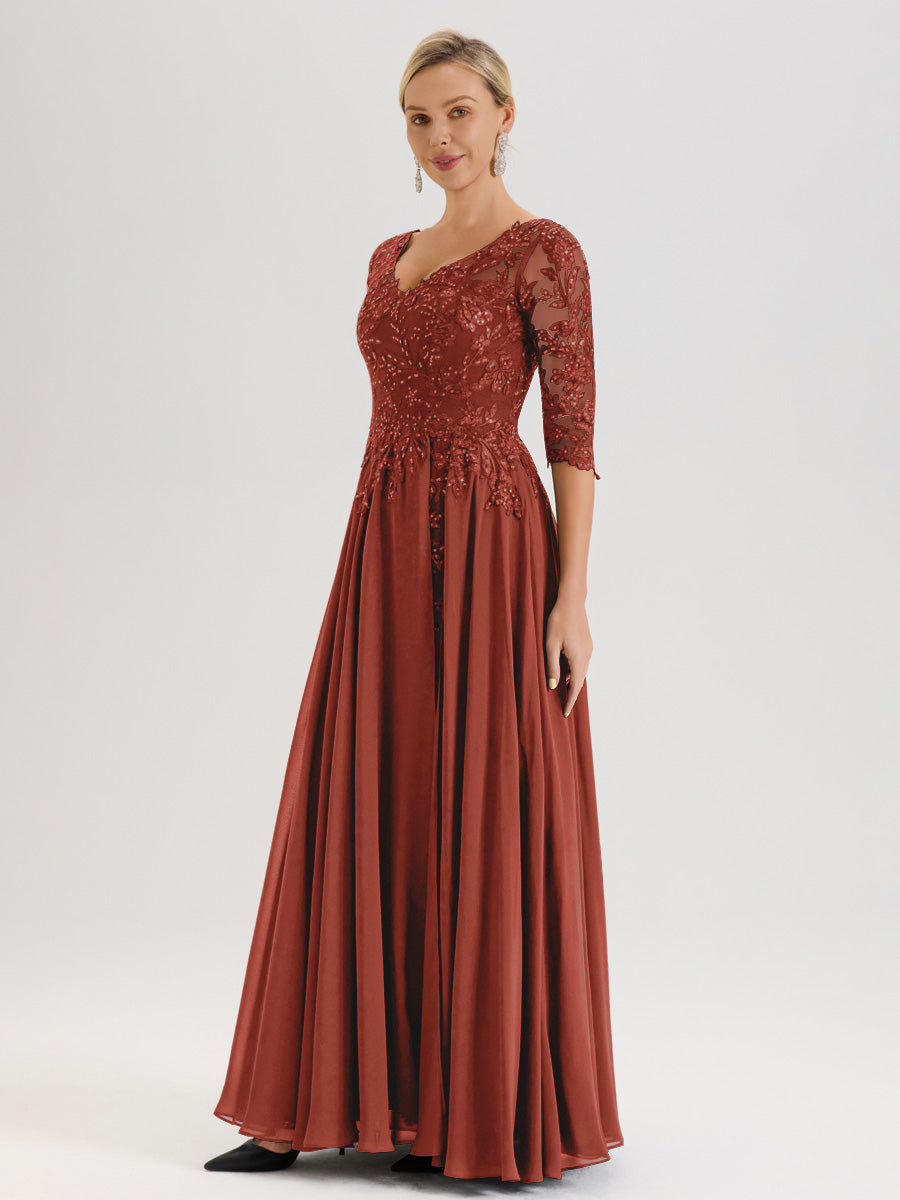 Cicinia Robe Mère De La Mariée Couleur Rouille Longueur Au Sol En Chiffon Et Dentelle Décolleté En V À Manches Trois-Quarts