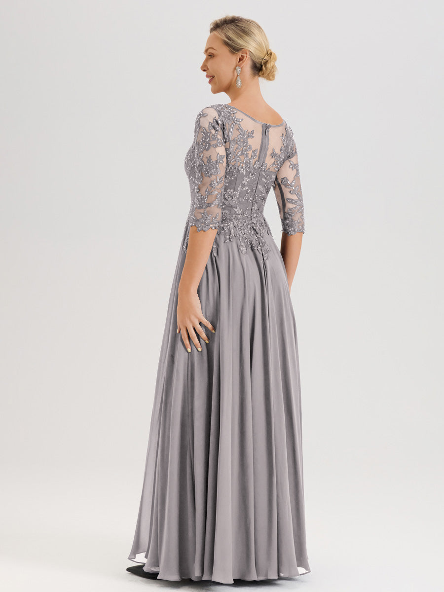 Cicinia Robe Mère De La Mariée Argenté Longueur Au Sol En Chiffon Et Dentelle Décolleté En V À Manches Trois-Quarts