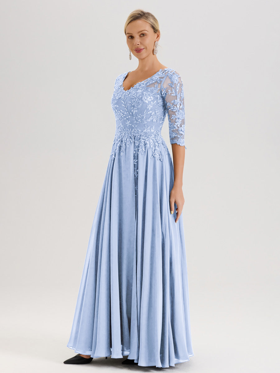 Cicinia Robe Mère De La Mariée Bleu Ciel Longueur Au Sol En Chiffon Et Dentelle Décolleté En V À Manches Trois-Quarts