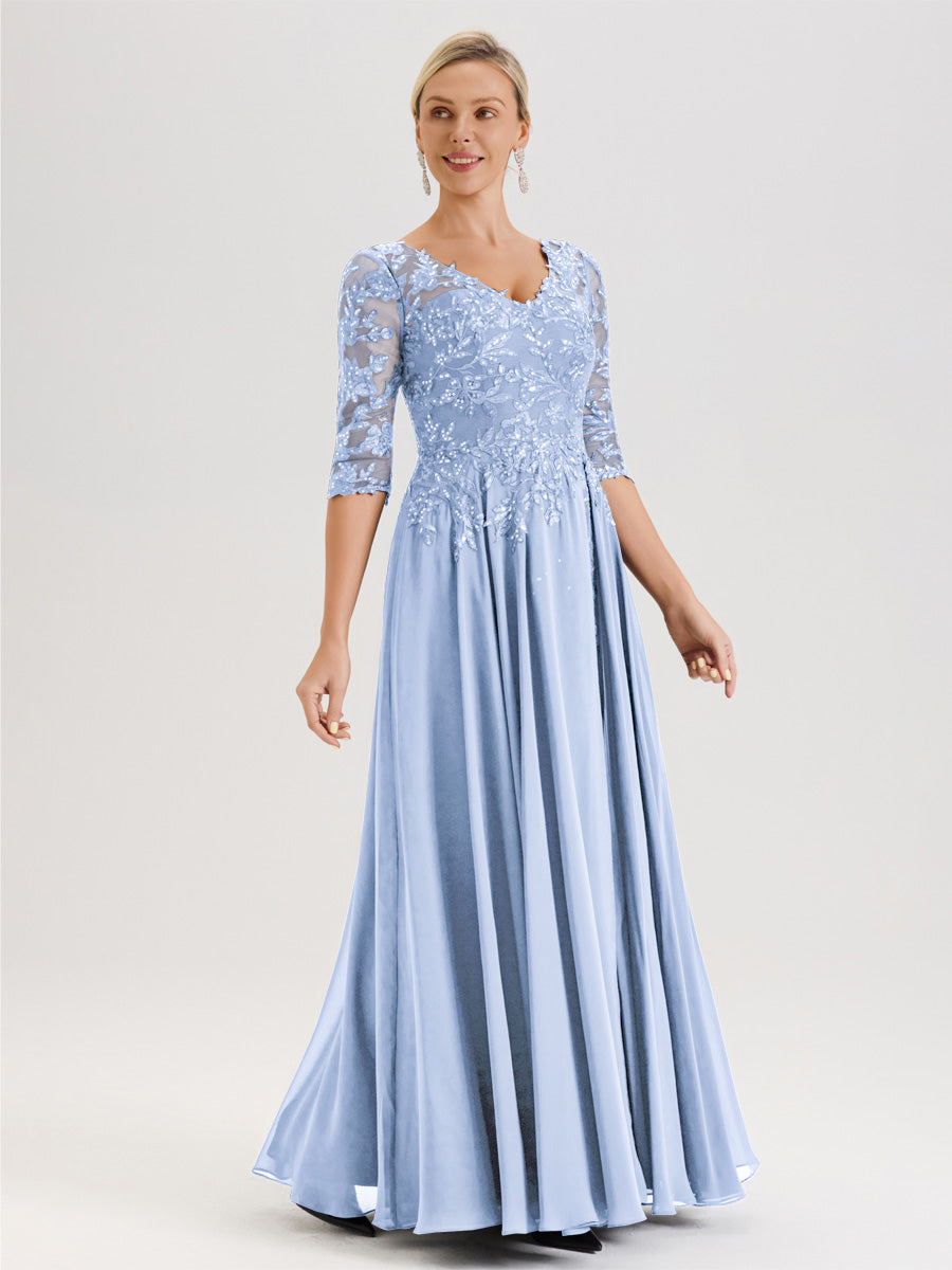 Cicinia Robe Mère De La Mariée Bleu Ciel Longueur Au Sol En Chiffon Et Dentelle Décolleté En V À Manches Trois-Quarts