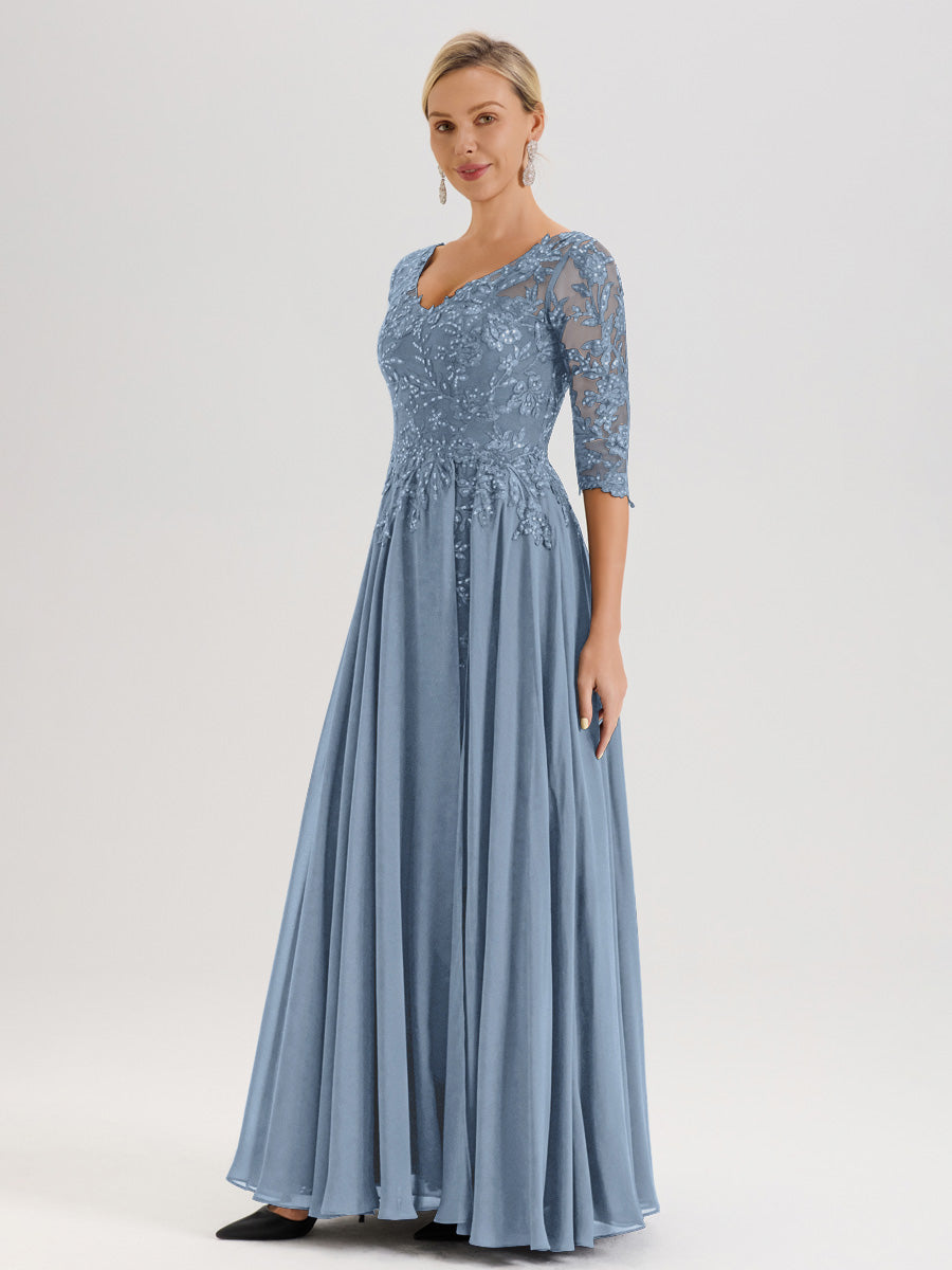 Cicinia Robe Mère De La Mariée Bleu De Schiste Longueur Au Sol En Chiffon Et Dentelle Décolleté En V À Manches Trois-Quarts