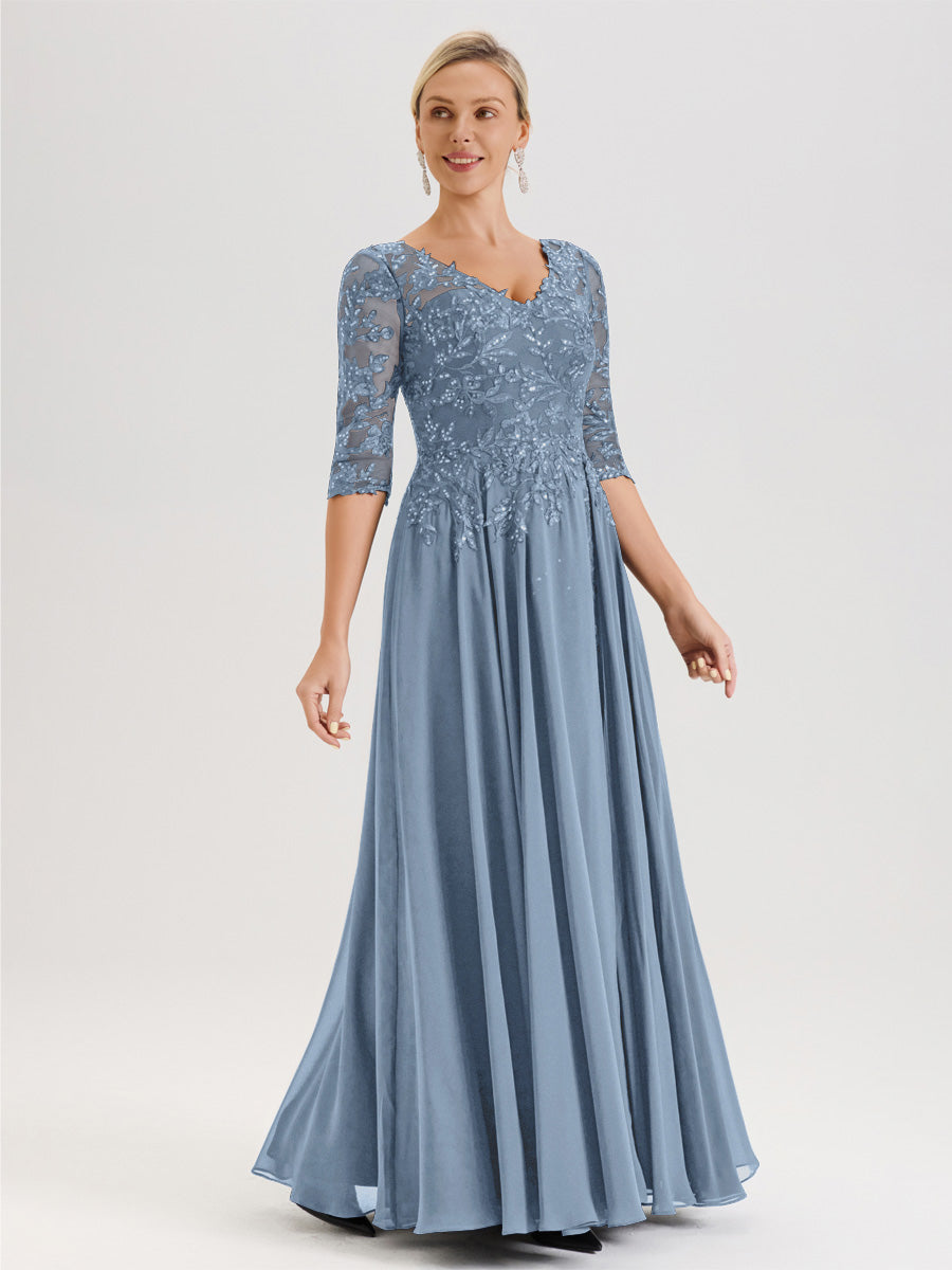 Cicinia Robe Mère De La Mariée Bleu De Schiste Longueur Au Sol En Chiffon Et Dentelle Décolleté En V À Manches Trois-Quarts