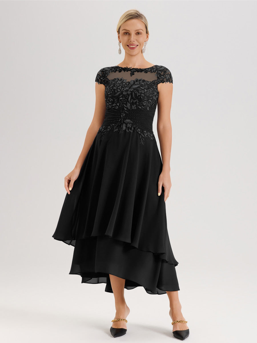 Cicinia Mère De La Mariée Noir Col Ras Du Cou Avec Jupe À Ourlet Asymétrique En Chiffon Et Dentelle Longueur Cheville