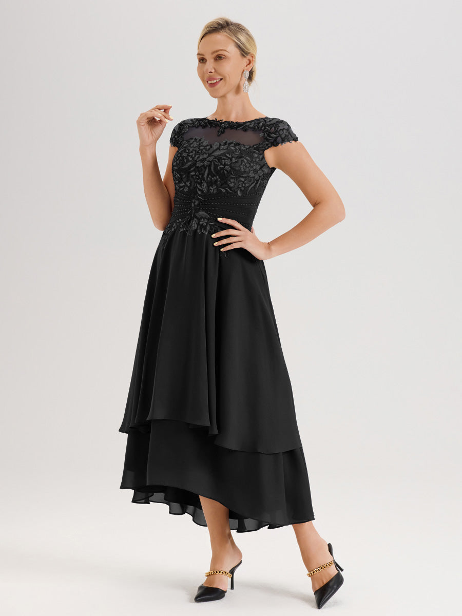 Cicinia Mère De La Mariée Noir Col Ras Du Cou Avec Jupe À Ourlet Asymétrique En Chiffon Et Dentelle Longueur Cheville