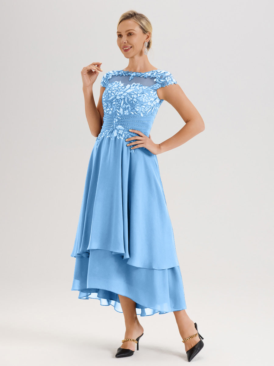 Cicinia Mère De La Mariée Bleu Col Ras Du Cou Avec Jupe À Ourlet Asymétrique En Chiffon Et Dentelle Longueur Cheville