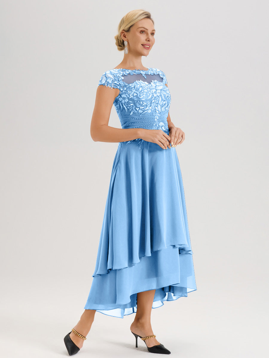 Cicinia Mère De La Mariée Bleu Col Ras Du Cou Avec Jupe À Ourlet Asymétrique En Chiffon Et Dentelle Longueur Cheville