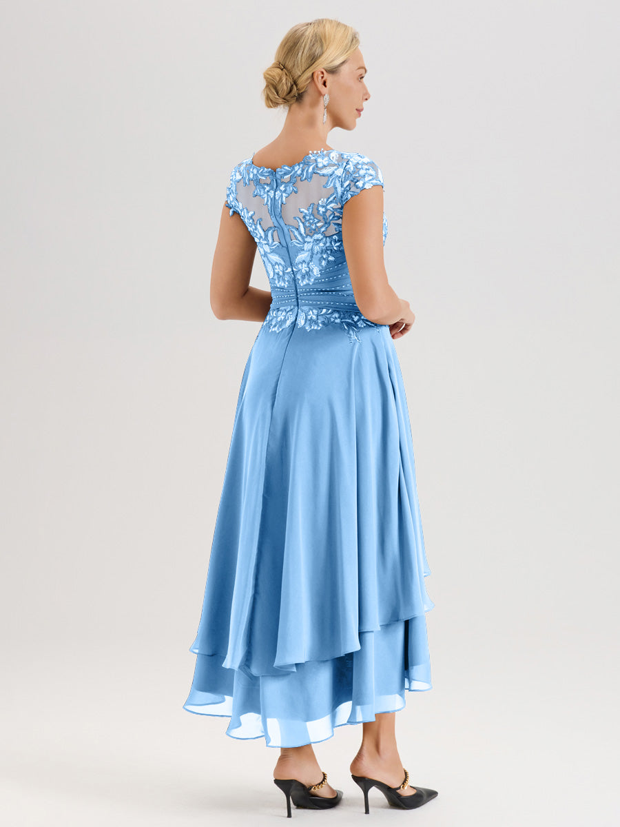 Cicinia Mère De La Mariée Bleu Col Ras Du Cou Avec Jupe À Ourlet Asymétrique En Chiffon Et Dentelle Longueur Cheville