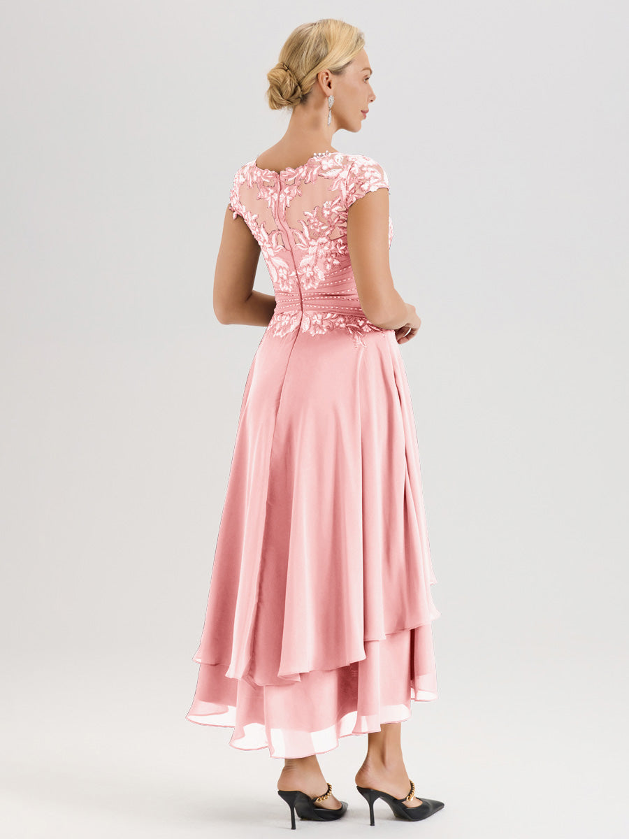 Cicinia Mère De La Mariée Rose Col Ras Du Cou Avec Jupe À Ourlet Asymétrique En Chiffon Et Dentelle Longueur Cheville