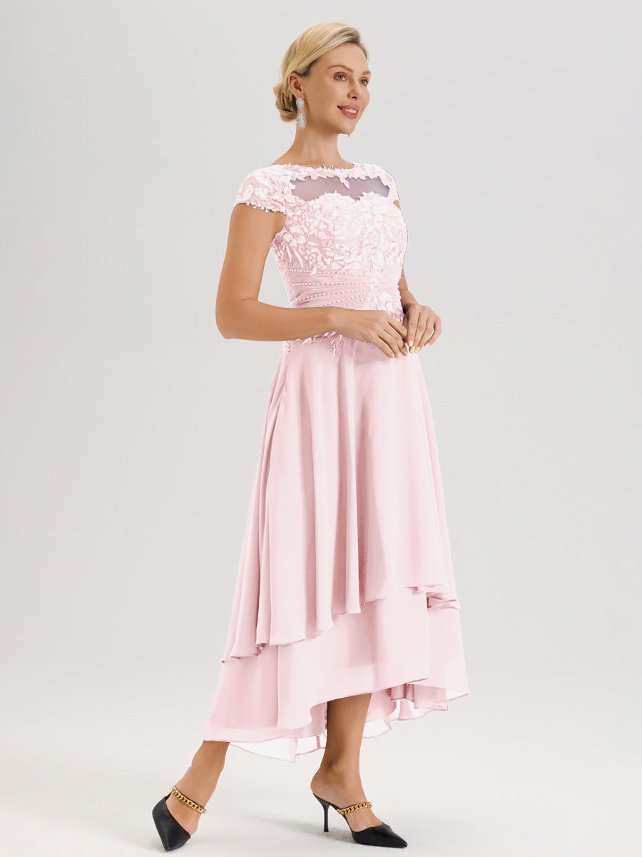 Cicinia Mère De La Mariée Rose Pale Col Ras Du Cou Avec Jupe À Ourlet Asymétrique En Chiffon Et Dentelle Longueur Cheville