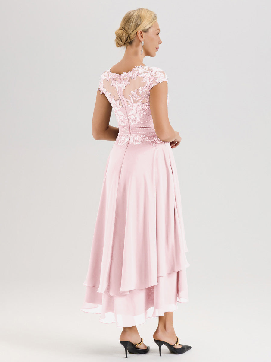 Cicinia Mère De La Mariée Rose Pale Col Ras Du Cou Avec Jupe À Ourlet Asymétrique En Chiffon Et Dentelle Longueur Cheville
