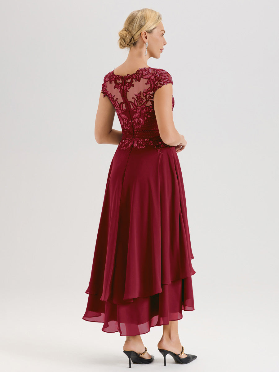 Cicinia Mère De La Mariée Bordeaux Col Ras Du Cou Avec Jupe À Ourlet Asymétrique En Chiffon Et Dentelle Longueur Cheville