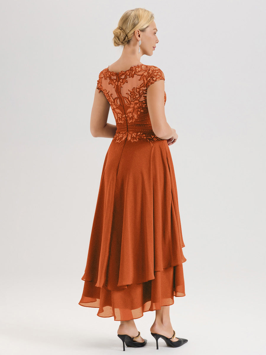 Cicinia Mère De La Mariée Orange Foncé Col Ras Du Cou Avec Jupe À Ourlet Asymétrique En Chiffon Et Dentelle Longueur Cheville