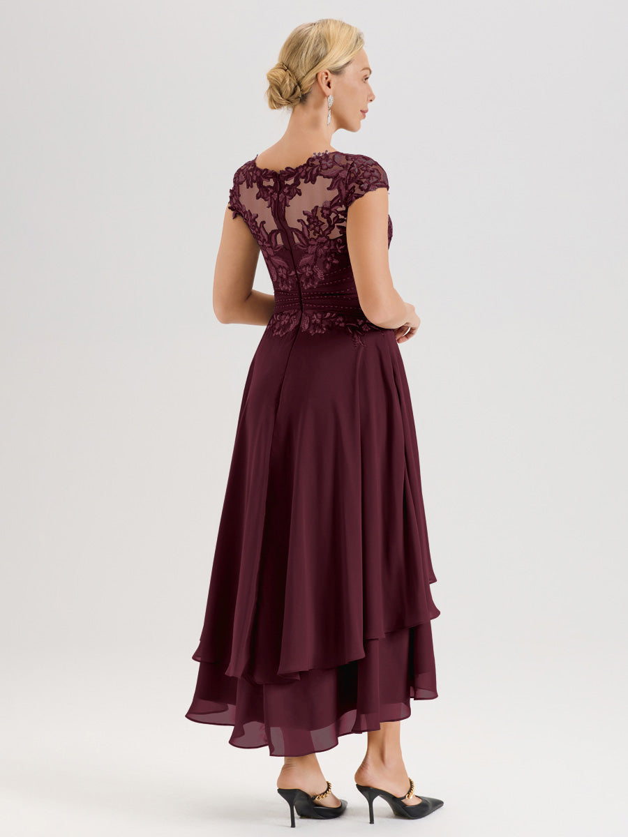 Cicinia Mère De La Mariée Cabernet Col Ras Du Cou Avec Jupe À Ourlet Asymétrique En Chiffon Et Dentelle Longueur Cheville