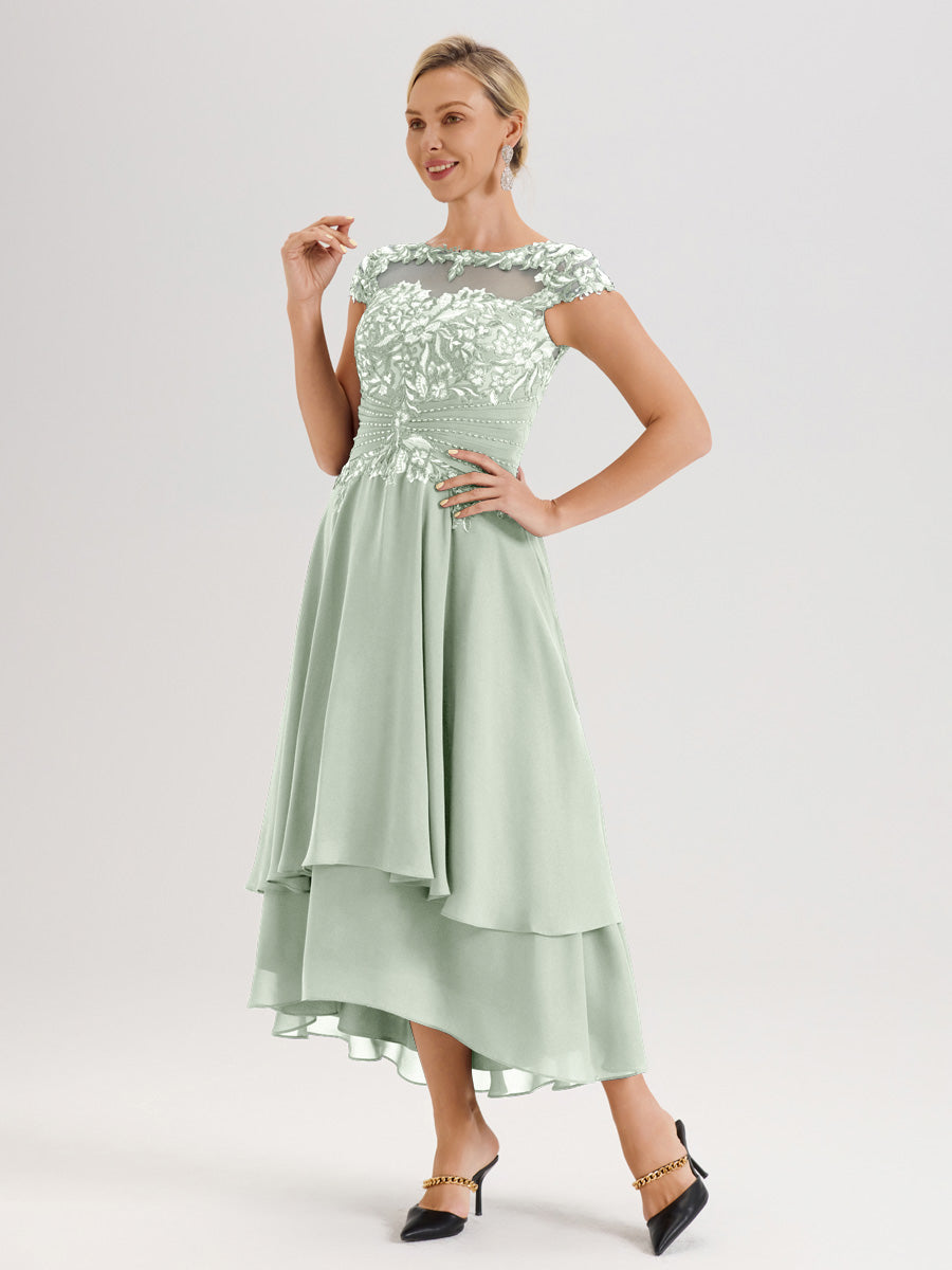 Cicinia Mère De La Mariée Celadon Col Ras Du Cou Avec Jupe À Ourlet Asymétrique En Chiffon Et Dentelle Longueur Cheville