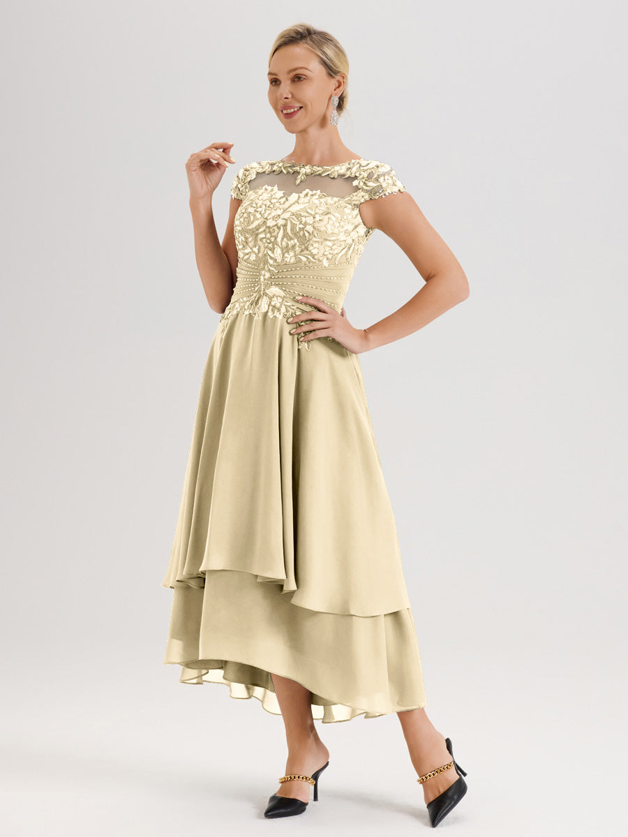Cicinia Mère De La Mariée Champagne Col Ras Du Cou Avec Jupe À Ourlet Asymétrique En Chiffon Et Dentelle Longueur Cheville