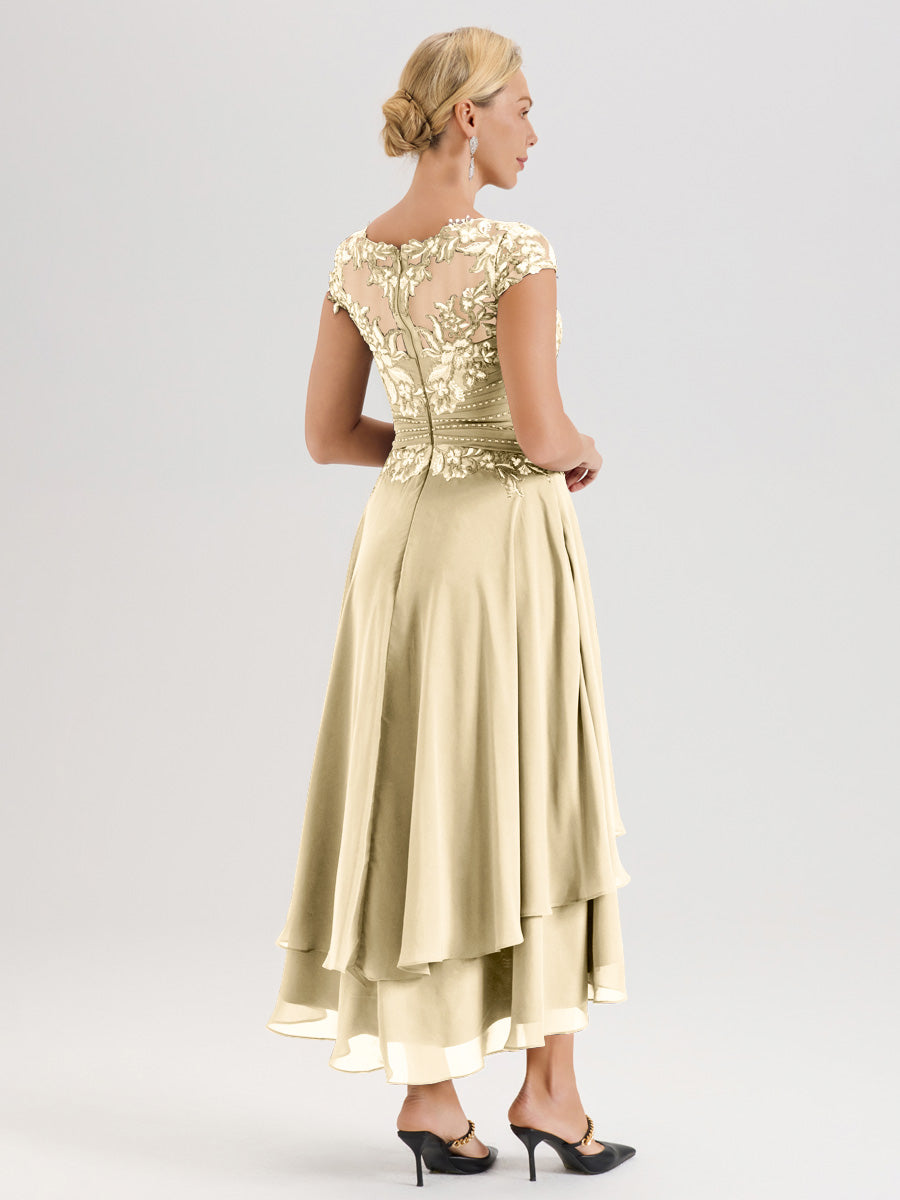 Cicinia Mère De La Mariée Champagne Col Ras Du Cou Avec Jupe À Ourlet Asymétrique En Chiffon Et Dentelle Longueur Cheville