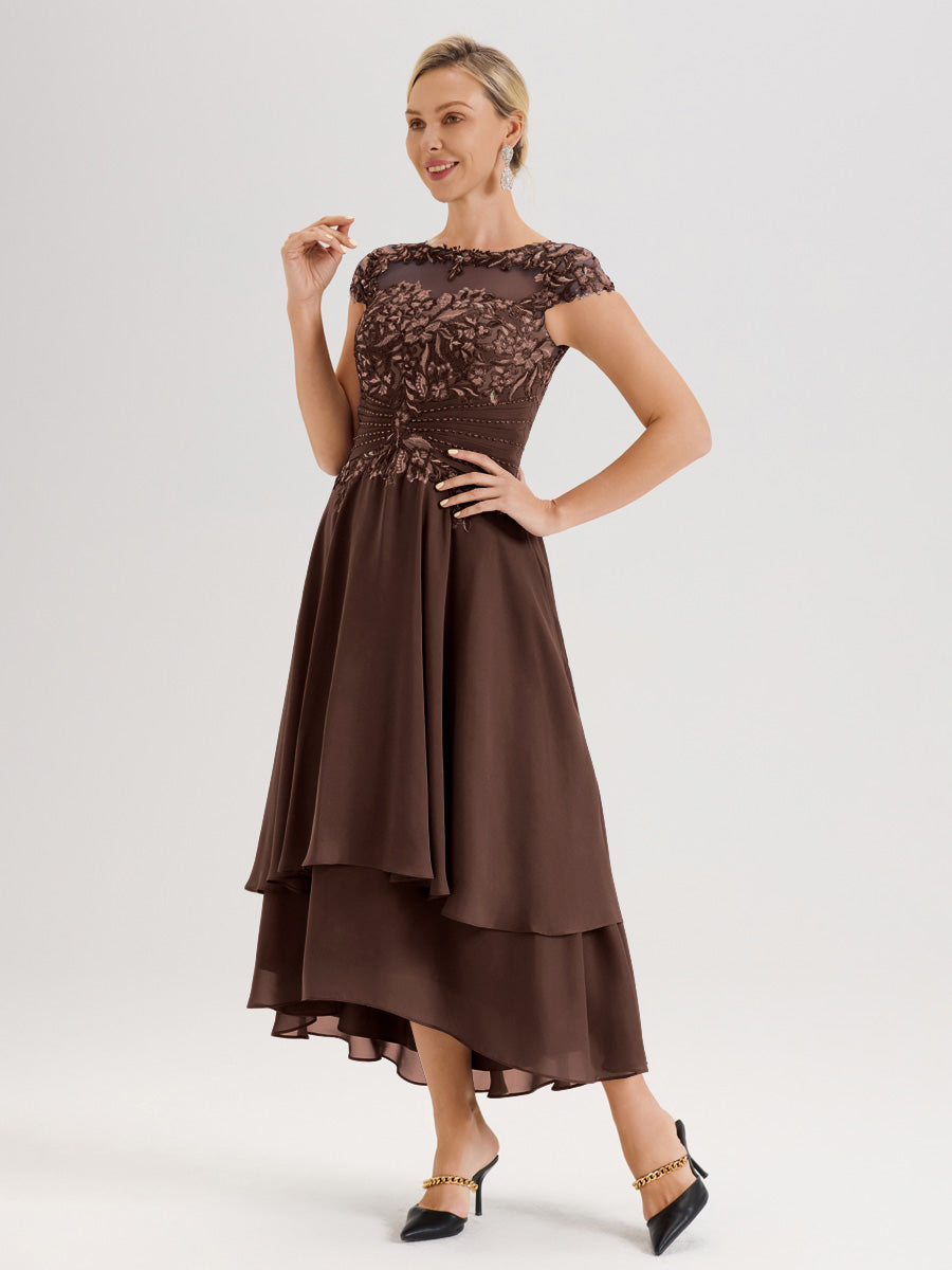 Cicinia Mère De La Mariée En Chocolat Col Ras Du Cou Avec Jupe À Ourlet Asymétrique En Chiffon Et Dentelle Longueur Cheville