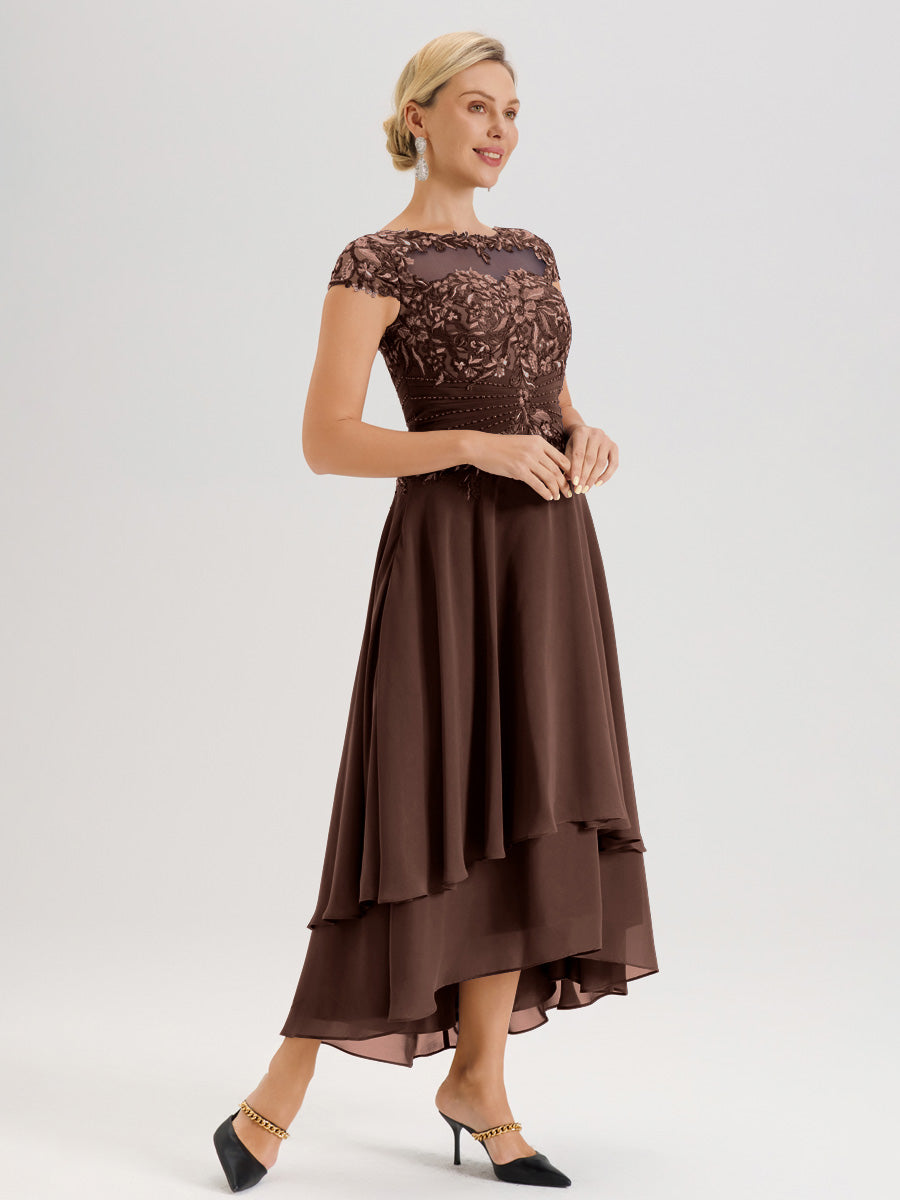 Cicinia Mère De La Mariée En Chocolat Col Ras Du Cou Avec Jupe À Ourlet Asymétrique En Chiffon Et Dentelle Longueur Cheville