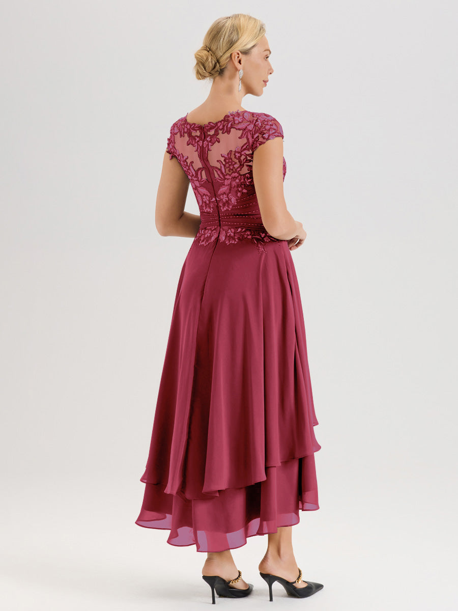 Cicinia Mère De La Mariée Rose Cannelle Col Ras Du Cou Avec Jupe À Ourlet Asymétrique En Chiffon Et Dentelle Longueur Cheville