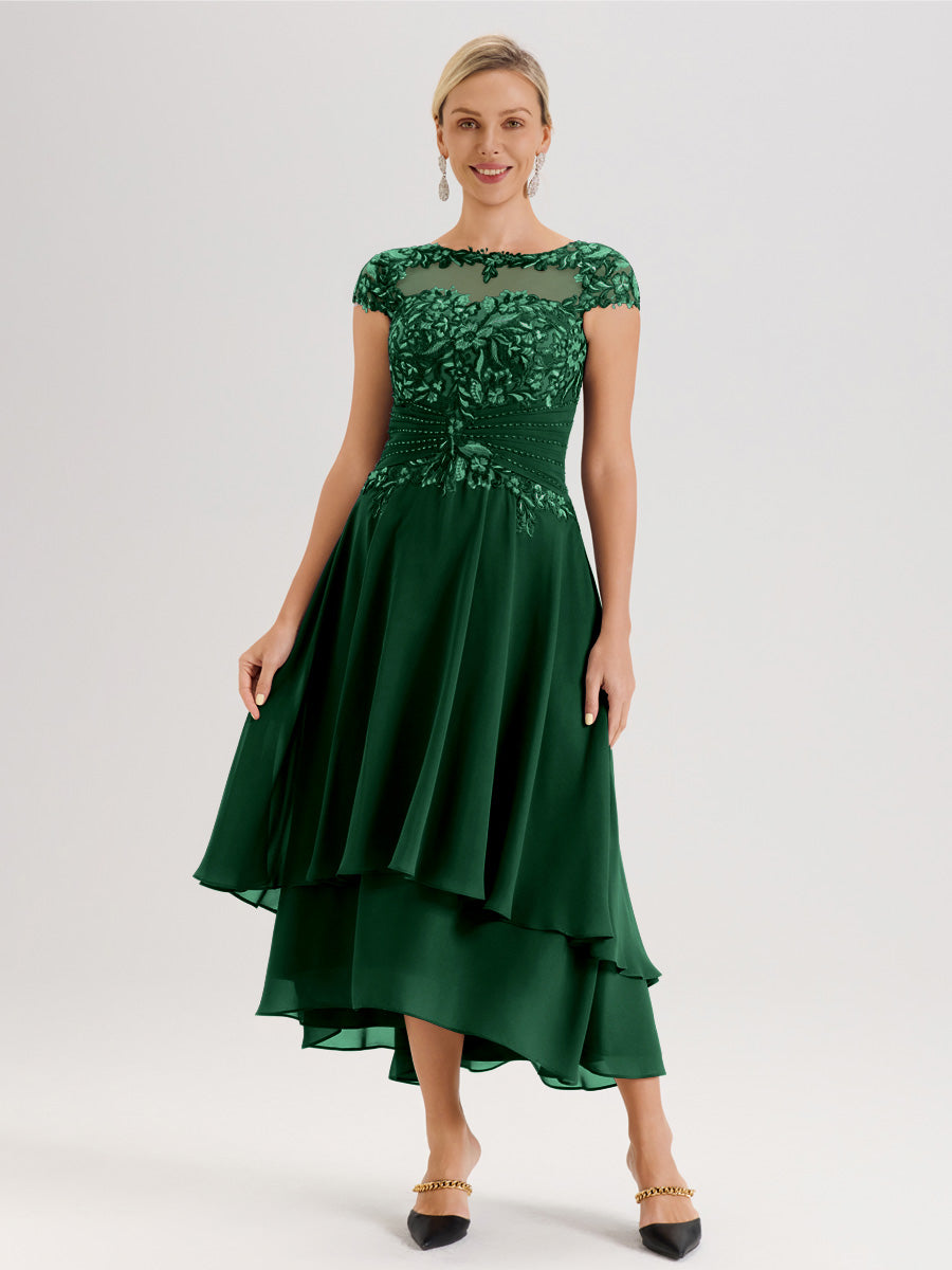 Cicinia Mère De La Mariée Vert Foncé Col Ras Du Cou Avec Jupe À Ourlet Asymétrique En Chiffon Et Dentelle Longueur Cheville