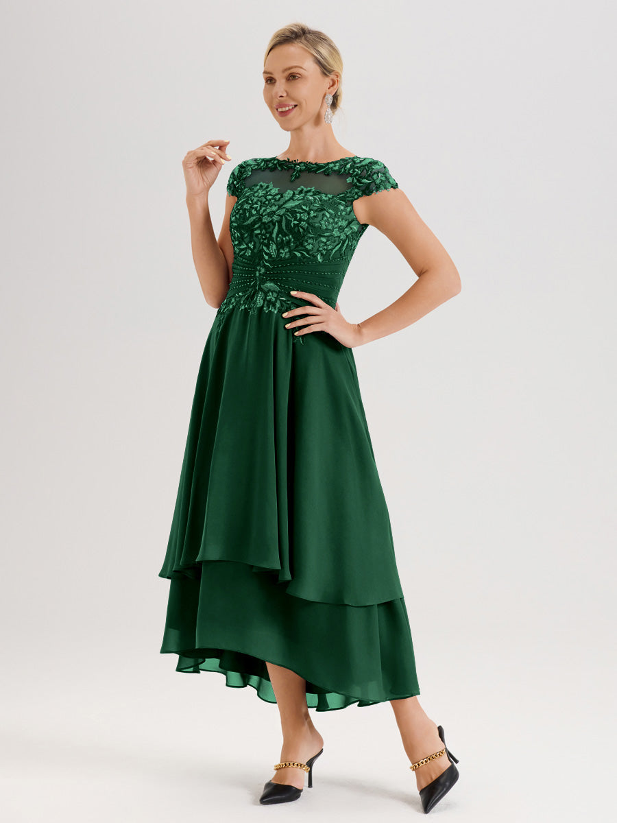 Cicinia Mère De La Mariée Vert Foncé Col Ras Du Cou Avec Jupe À Ourlet Asymétrique En Chiffon Et Dentelle Longueur Cheville