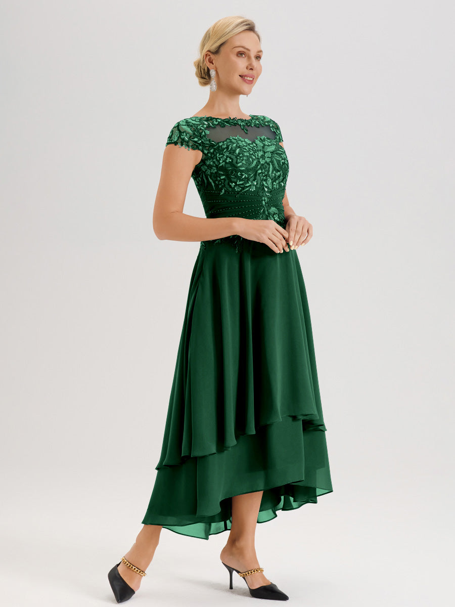 Cicinia Mère De La Mariée Vert Foncé Col Ras Du Cou Avec Jupe À Ourlet Asymétrique En Chiffon Et Dentelle Longueur Cheville