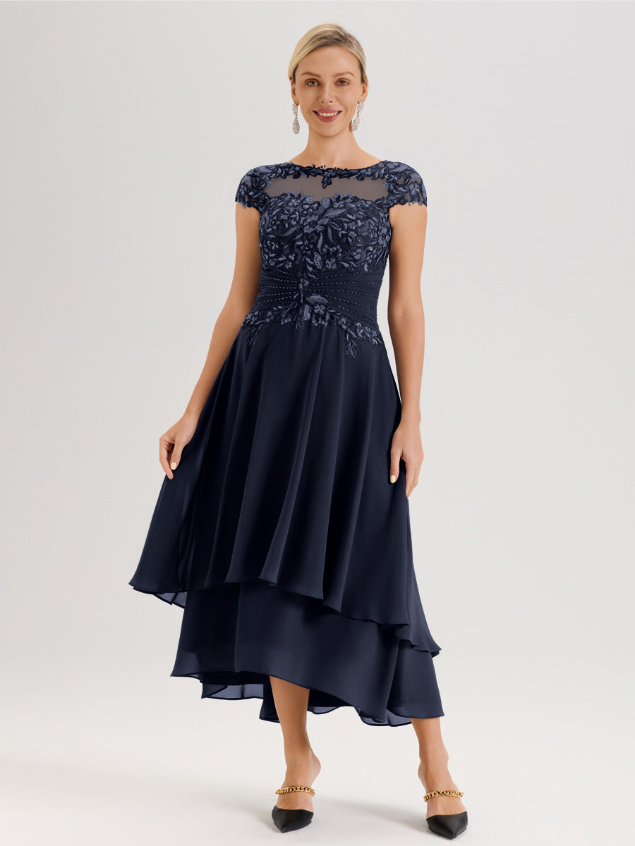 Cicinia Mère De La Mariée Bleu Marine Col Ras Du Cou Avec Jupe À Ourlet Asymétrique En Chiffon Et Dentelle Longueur Cheville