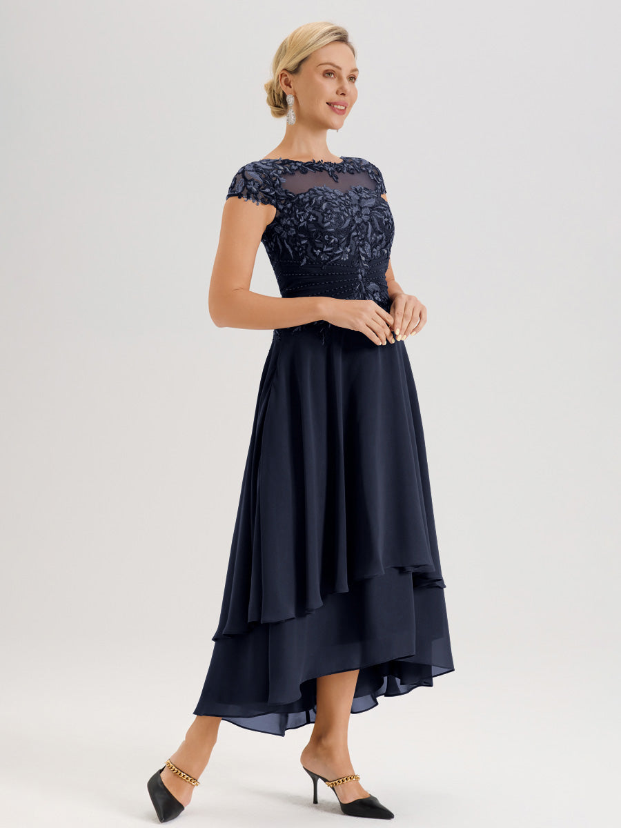 Cicinia Mère De La Mariée Bleu Marine Col Ras Du Cou Avec Jupe À Ourlet Asymétrique En Chiffon Et Dentelle Longueur Cheville