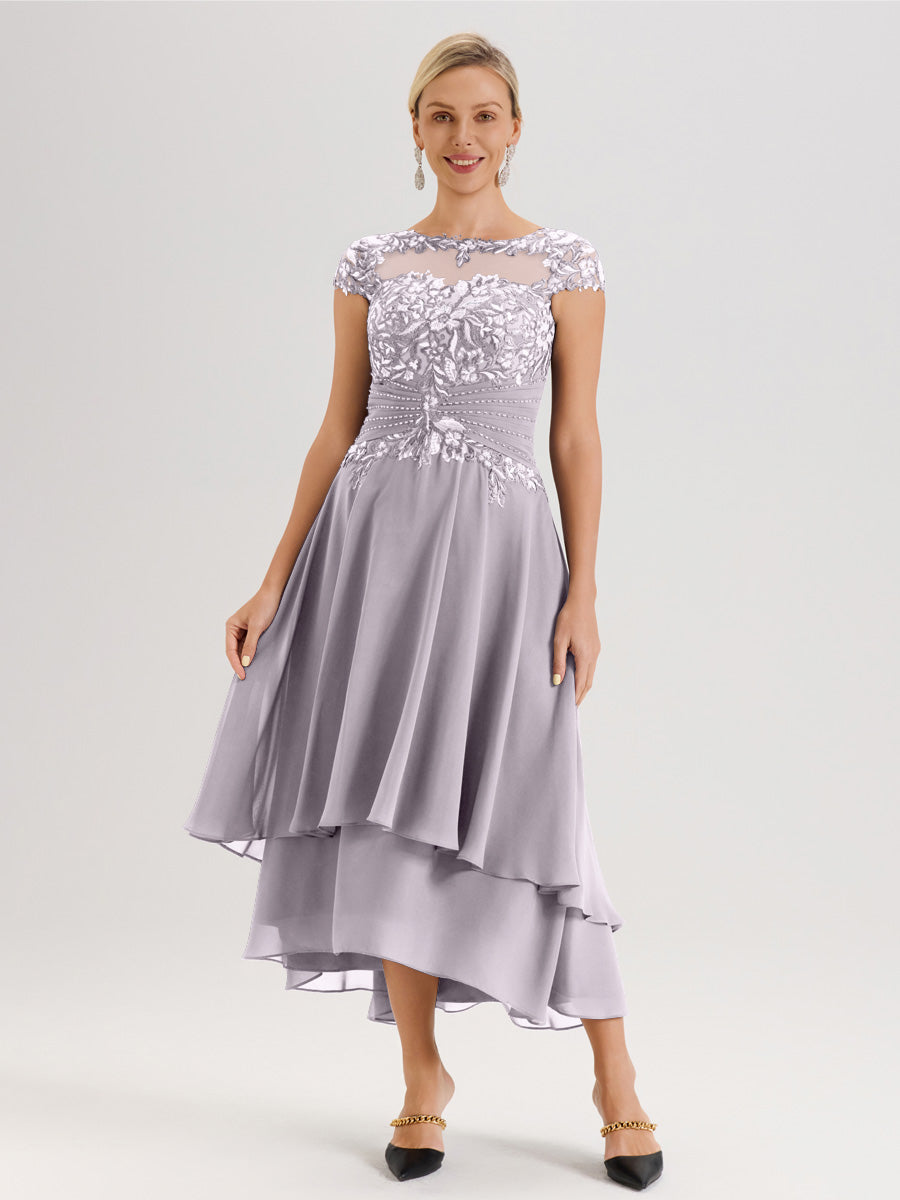 Cicinia Mère De La Mariée Crépuscule Col Ras Du Cou Avec Jupe À Ourlet Asymétrique En Chiffon Et Dentelle Longueur Cheville