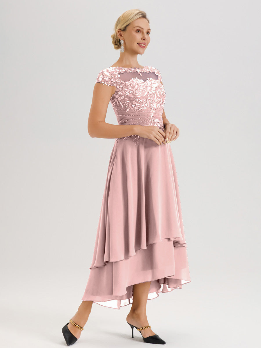 Cicinia Mère De La Mariée Rose Poudrée Col Ras Du Cou Avec Jupe À Ourlet Asymétrique En Chiffon Et Dentelle Longueur Cheville