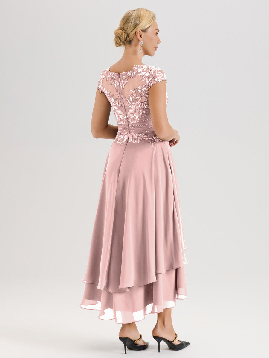 Cicinia Mère De La Mariée Rose Poudrée Col Ras Du Cou Avec Jupe À Ourlet Asymétrique En Chiffon Et Dentelle Longueur Cheville