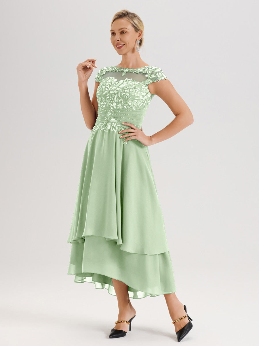 Cicinia Mère De La Mariée Vert Sauge Poussiéreux Col Ras Du Cou Avec Jupe À Ourlet Asymétrique En Chiffon Et Dentelle Longueur Cheville