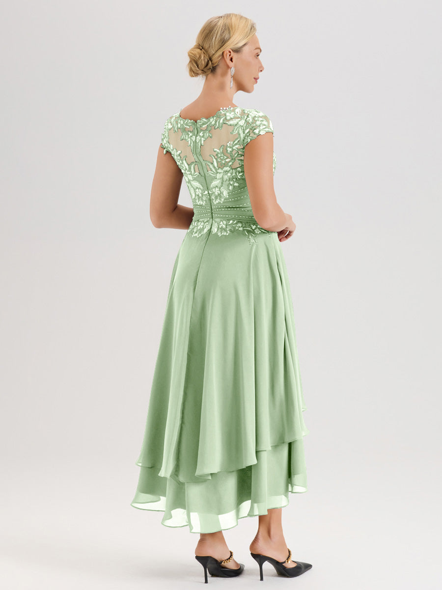 Cicinia Mère De La Mariée Vert Sauge Poussiéreux Col Ras Du Cou Avec Jupe À Ourlet Asymétrique En Chiffon Et Dentelle Longueur Cheville
