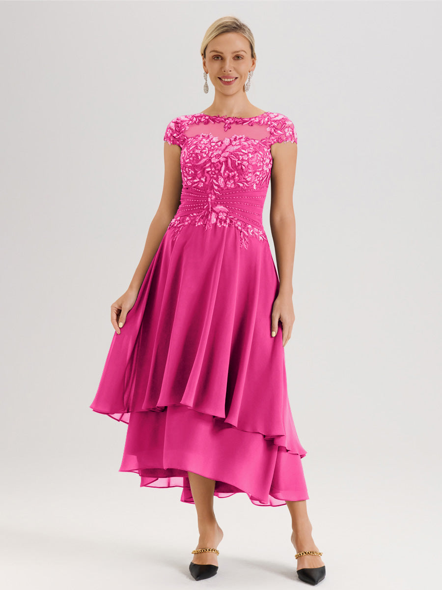 Cicinia Mère De La Mariée Rose Fuchsia Col Ras Du Cou Avec Jupe À Ourlet Asymétrique En Chiffon Et Dentelle Longueur Cheville