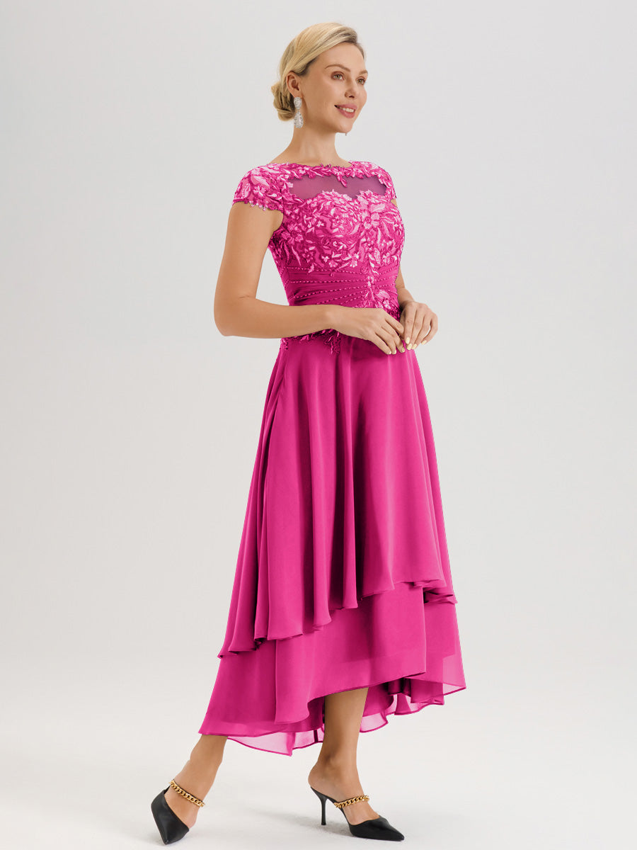Cicinia Mère De La Mariée Rose Fuchsia Col Ras Du Cou Avec Jupe À Ourlet Asymétrique En Chiffon Et Dentelle Longueur Cheville
