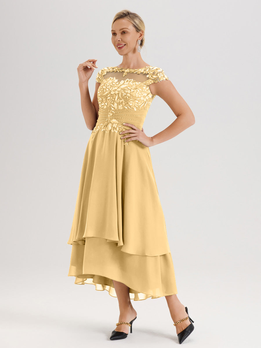 Cicinia Mère De La Mariée En Or Col Ras Du Cou Avec Jupe À Ourlet Asymétrique En Chiffon Et Dentelle Longueur Cheville