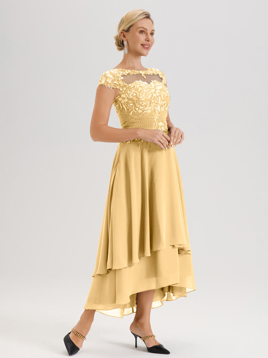 Cicinia Mère De La Mariée En Or Col Ras Du Cou Avec Jupe À Ourlet Asymétrique En Chiffon Et Dentelle Longueur Cheville