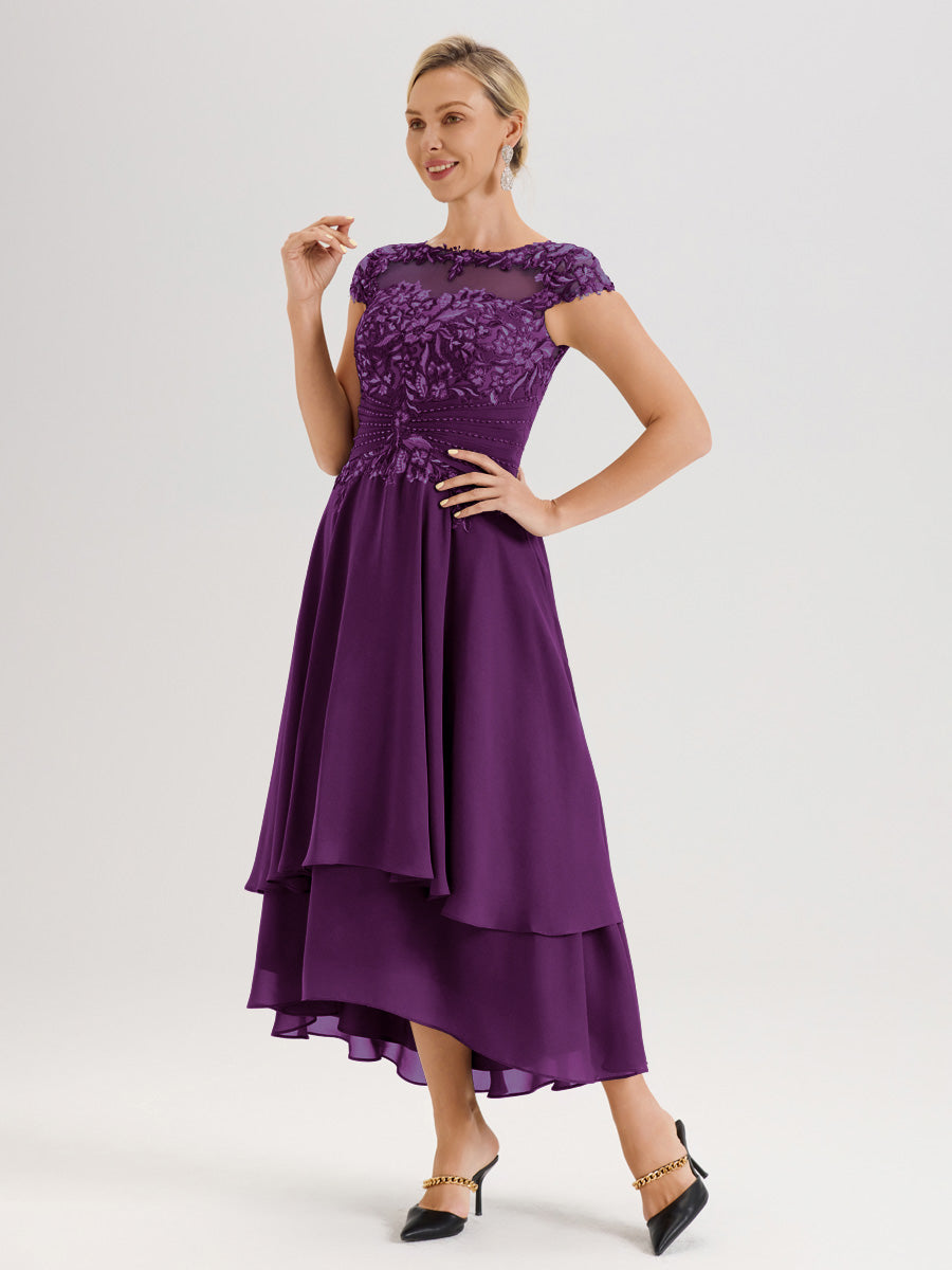 Cicinia Mère De La Mariée En Raisin Col Ras Du Cou Avec Jupe À Ourlet Asymétrique En Chiffon Et Dentelle Longueur Cheville