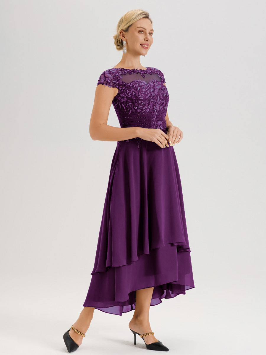 Cicinia Mère De La Mariée En Raisin Col Ras Du Cou Avec Jupe À Ourlet Asymétrique En Chiffon Et Dentelle Longueur Cheville