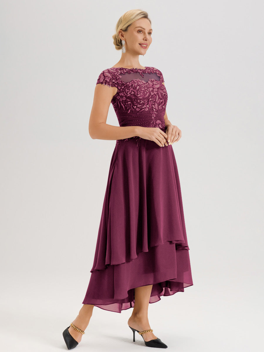 Cicinia Mère De La Mariée Mûre Col Ras Du Cou Avec Jupe À Ourlet Asymétrique En Chiffon Et Dentelle Longueur Cheville