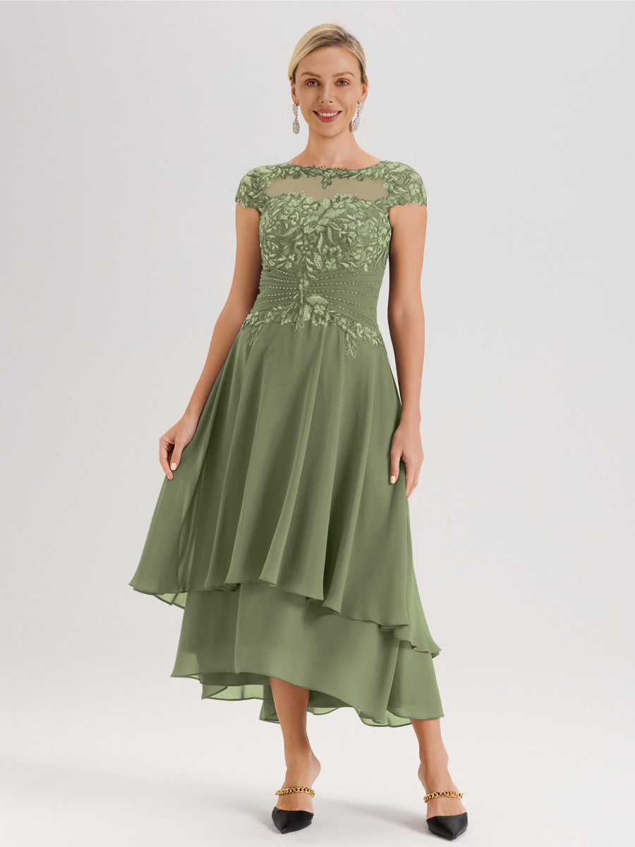 Cicinia Mère De La Mariée Vert Olive Col Ras Du Cou Avec Jupe À Ourlet Asymétrique En Chiffon Et Dentelle Longueur Cheville