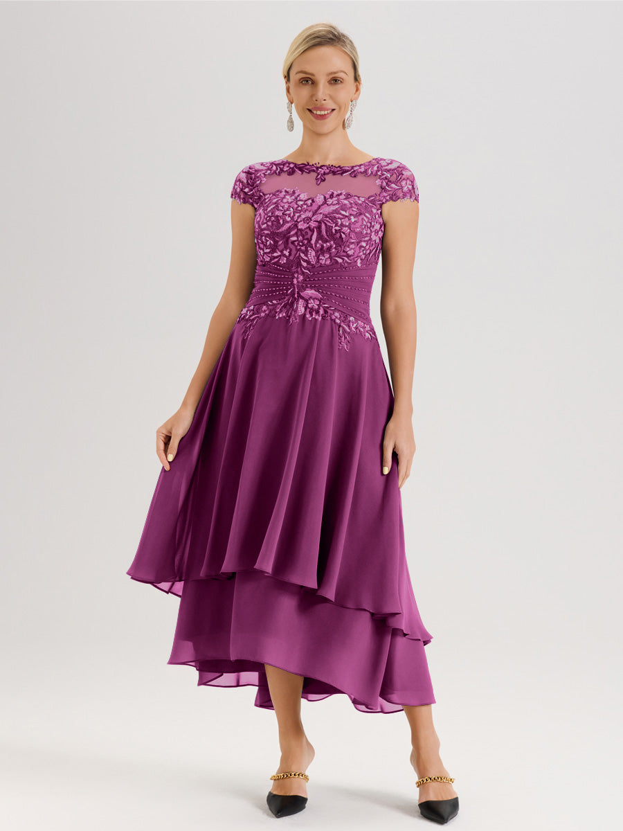 Cicinia Mère De La Mariée Orchidée Col Ras Du Cou Avec Jupe À Ourlet Asymétrique En Chiffon Et Dentelle Longueur Cheville